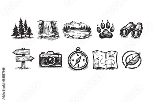 Black and white sketches show icons of hiking and outdoor exploration: mountains, trees, a compass, a map, binoculars, a leaf, a camera and a paw print.