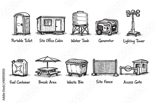 Hand-drawn style illustration showing construction site amenities, including a portable toilet, generator, and break area, isolated on white background.