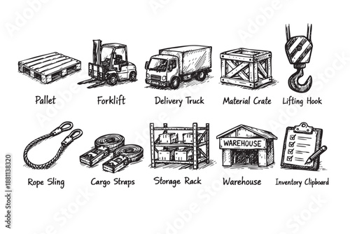 Hand-drawn warehouse equipment includes a forklift, delivery truck, pallet, inventory clipboard, crate and lifting hook in a monochrome illustration.