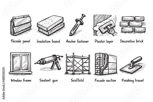 Black and white sketch illustration showcasing various elements of building construction, including facade panels, insulation, tools and scaffolding.