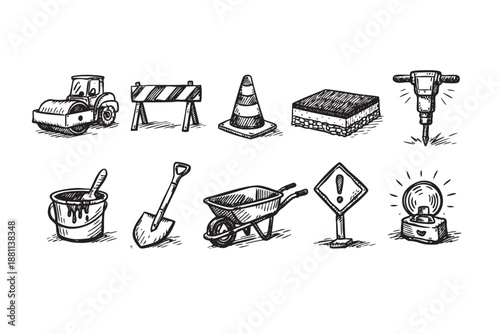 Black and white sketch depicts construction tools and signs in a hand-drawn style, ideal for illustrating construction industry or DIY themes with a playful, artistic touch.