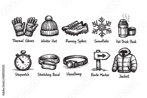 Black and white vector illustration showcasing sketched outdoor gear, including winter hat, running spikes, gloves, and other sport equipment against a white background. Ideal for adventure themes.