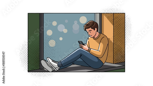 Casual young man relaxing by window with smartphone illustration in modern comic style