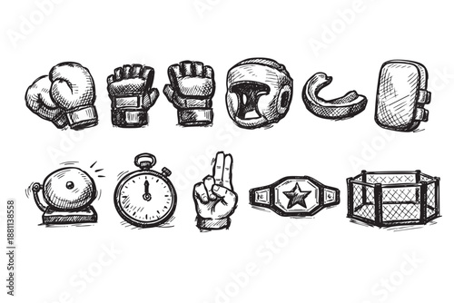 A black and white sketch shows boxing gloves, MMA gloves, headgear, ring bell, timer, belt and fighting ring. Could be used for print, web or advertising.