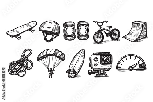 Sketched extreme sports equipment including skateboard, helmet, knee pads, bike, ramp, rope, parachute, surfboard, action camera, and gauge in black and white.