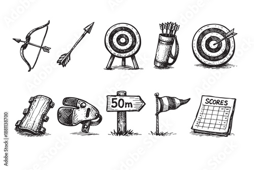 Hand-drawn archery equipment set includes bow, arrows, targets, quiver, guard, glove, sign, windsock, and scores for use in sports and design projects.