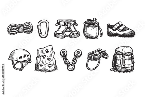 Hand drawn illustrations of climbing equipment on a white background depicts the tools needed to climb safely, drawn in a sketchy style.