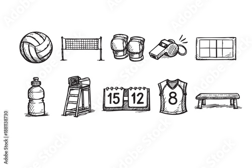 Doodle style vector illustration features volleyball, net, pads, whistle, scoreboard, shirt, bench, water bottle, and umpire chair for sport design or education use.