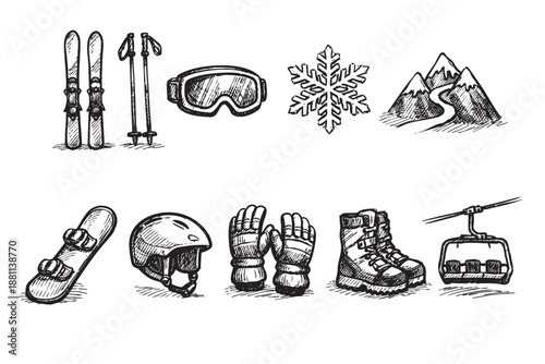 Hand drawn vector image of various winter sport equipment including skis, goggles, snowboard, ski lift and snowflake on a white background.