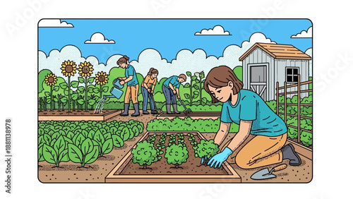 Community gardening scene with people tending plants in bright cartoon style landscape