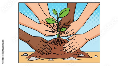 Diverse hands nurturing a seedling: unity and growth in nature