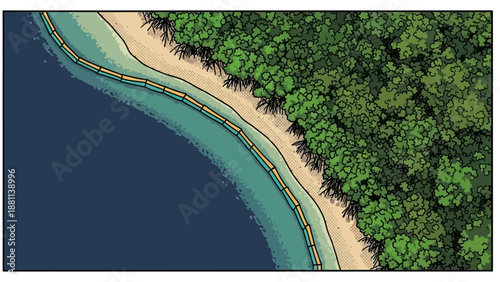 Coastal aerial view of serene beach and lush forest with walking path