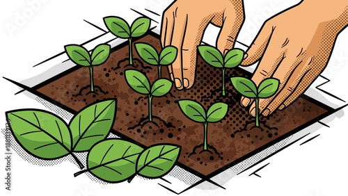 Hands planting seedlings in soil: pop art style gardening concept