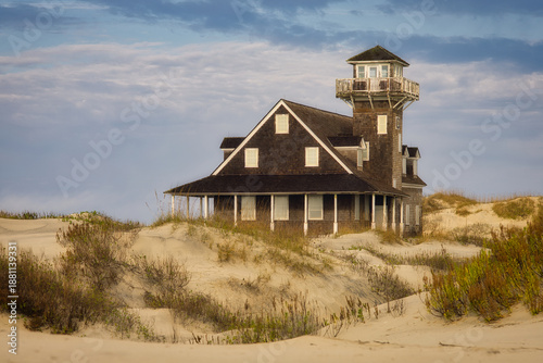 Canvas Print The old historical lifesaving station on the Oregon Inlet near Nags Head in North Carolina on the Outer Banks USA
