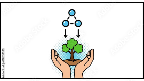 Sustainable growth concept with tree and hands in minimalist doodle style