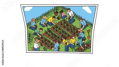 Community gardening: diverse group tending plants in vibrant cartoon style