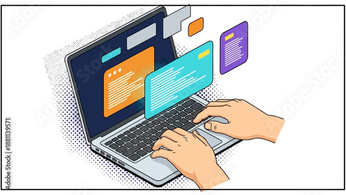 Isometric digital communication: typing hands on laptop with floating screens