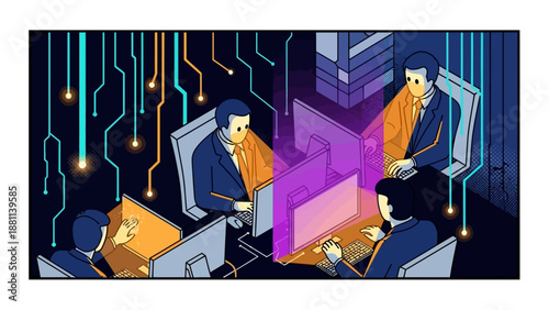Futuristic office collaboration with technology and data visualization in isometric style
