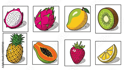 Vibrant pop art fruits illustration featuring exotic and juicy tropical varieties