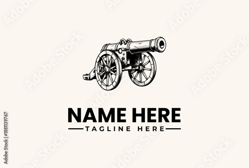 A black and white illustration of a vintage cannon with placeholder text for a logo or brand name on a plain background.