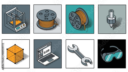 Innovative 3d printing equipment and tools in pop art style