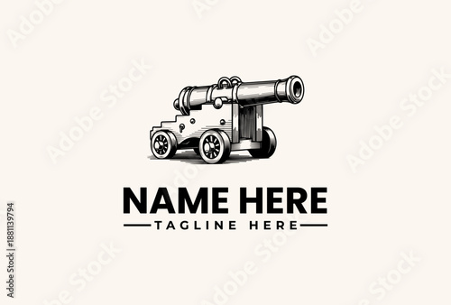 A black and white illustration of a cannon with placeholder text for a logo or name in a simple, iconic style against a clean background.