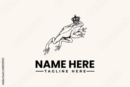 Photos Black and white illustration of a frog wearing a crown jumping above a placeholder logo with a tagline on a beige background