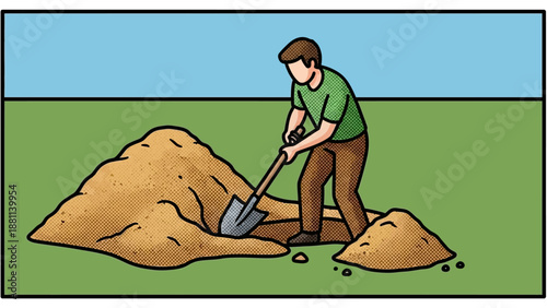 Man digging with shovel in cartoon style scene