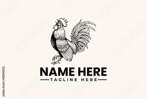 A black and white illustration of a rooster with a customizable name and tagline on a plain background, featuring a logo and pictogram design.