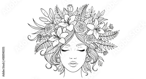 Minimalist Frontal View Line Art Portrait of a Beautiful Woman with Intricate Flower Wreath and Closed Eyes