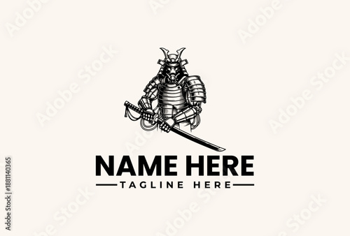 A black and white illustration of a samurai warrior with a sword and armor sitting on a beige background with a logo and tagline text.