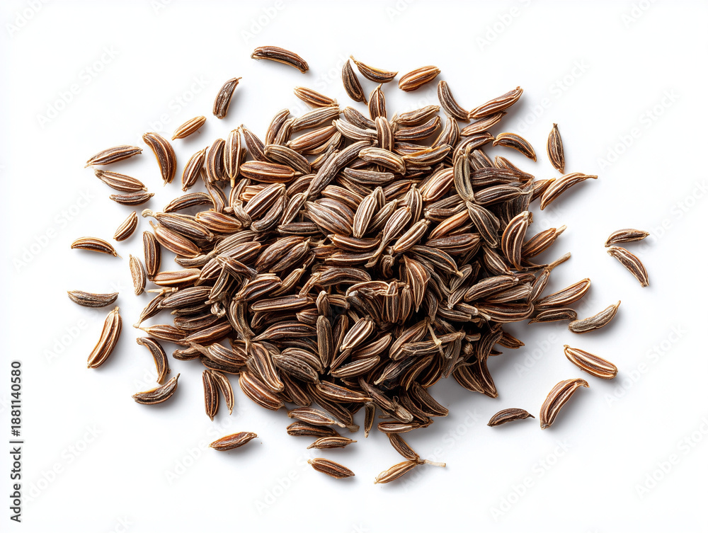 Obraz premium AI-generated image - A close-up, high-detail macro view of a pile of whole dried caraway seeds (Carum carvi) against a clean white background. 