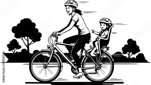 Mother riding bicycle with child in rear safety seat active family vector illustration black and white

