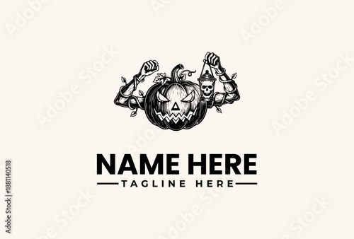 Black and white illustration of a muscular skull logo with flexed arms on a beige background, featuring placeholder text for a name and tagline.
