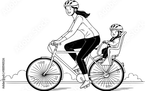 Mother riding bicycle with child in rear safety seat active family vector illustration black and white
