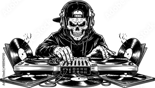 Black and white illustration, DJ with turntables, skeleton skull face, headphones, baseball cap, vinyl records, mixing equipment, detailed line art, urban culture, music scene, gothic style, hip hop a