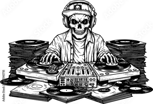 Black and white illustration, DJ with turntables, skeleton skull face, headphones, baseball cap, vinyl records, mixing equipment, detailed line art, urban culture, music scene, gothic style, hip hop a