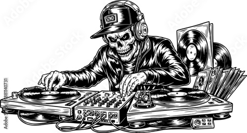 Black and white illustration, DJ with turntables, skeleton skull face, headphones, baseball cap, vinyl records, mixing equipment, detailed line art, urban culture, music scene, gothic style, hip hop a