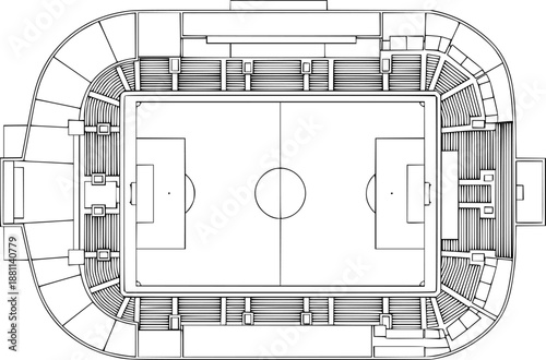 Football pitch. Soccer field line style. Black outline court and stadium scheme on white background.
