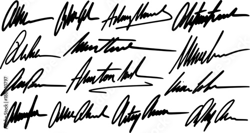 Autograph set. Collection of different fake handwritten signatures.
