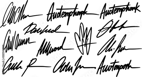 Autograph set. Collection of different fake handwritten signatures.
