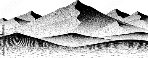 Noise grain halftone hills and mountains landscape vector background. Black noise gradient dots mountain range with sand texture and stipple pattern. Abstract grain hills terrain and waves dotwork