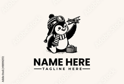 A black and white illustration of a penguin wearing a hat and goggles, holding a toy airplane with a suitcase next to it on a beige background, featuring a logo template with placeholder