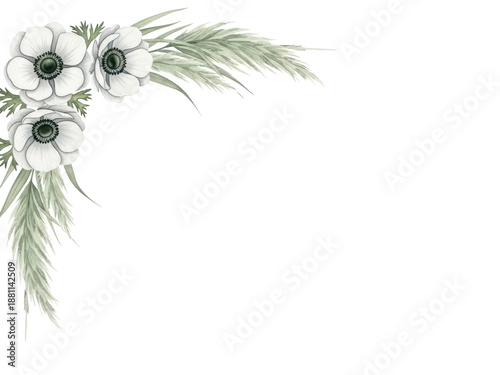Soft elegant watercolor corner border with anemones and pampas grass in sage green isolated on white background