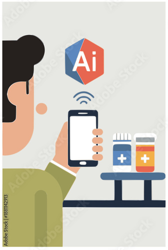 Flat vector illustration, simple composition.
Single human character shown from the waist up, front view.
In front of the character is a simple table with only two medicine boxes placed side by side