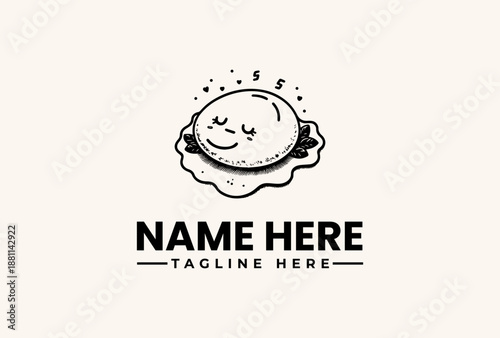 A smiling egg icon with a face, surrounded by steam, on a plate with a generic placeholder text for a logo or brand name and tagline in a minimalist vector illustration style against a