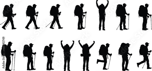 Collection of fourteen hiker silhouettes with backpacks and trekking poles in diverse outdoor poses illustrating adventure, hiking, climbing, and exploration concepts