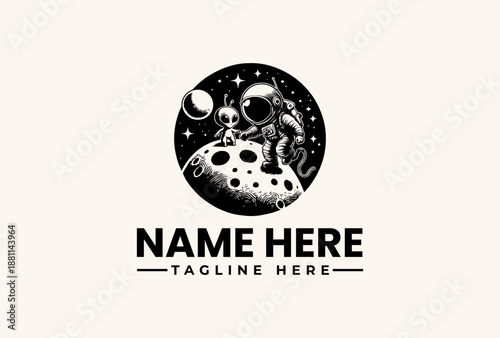 Black and white illustration of an astronaut on the moon with a starry night background, animation and looping style graphics for a logo or branding template.