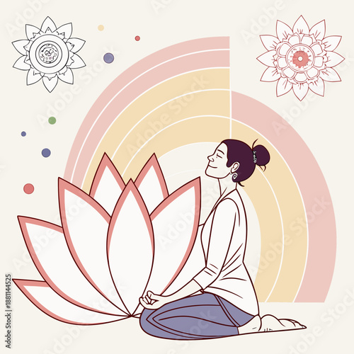 Woman meditating beside lotus flower with rainbow, yoga mindfulness spiritual