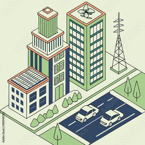 Isometric sustainable city with solar panels green buildings, urban development